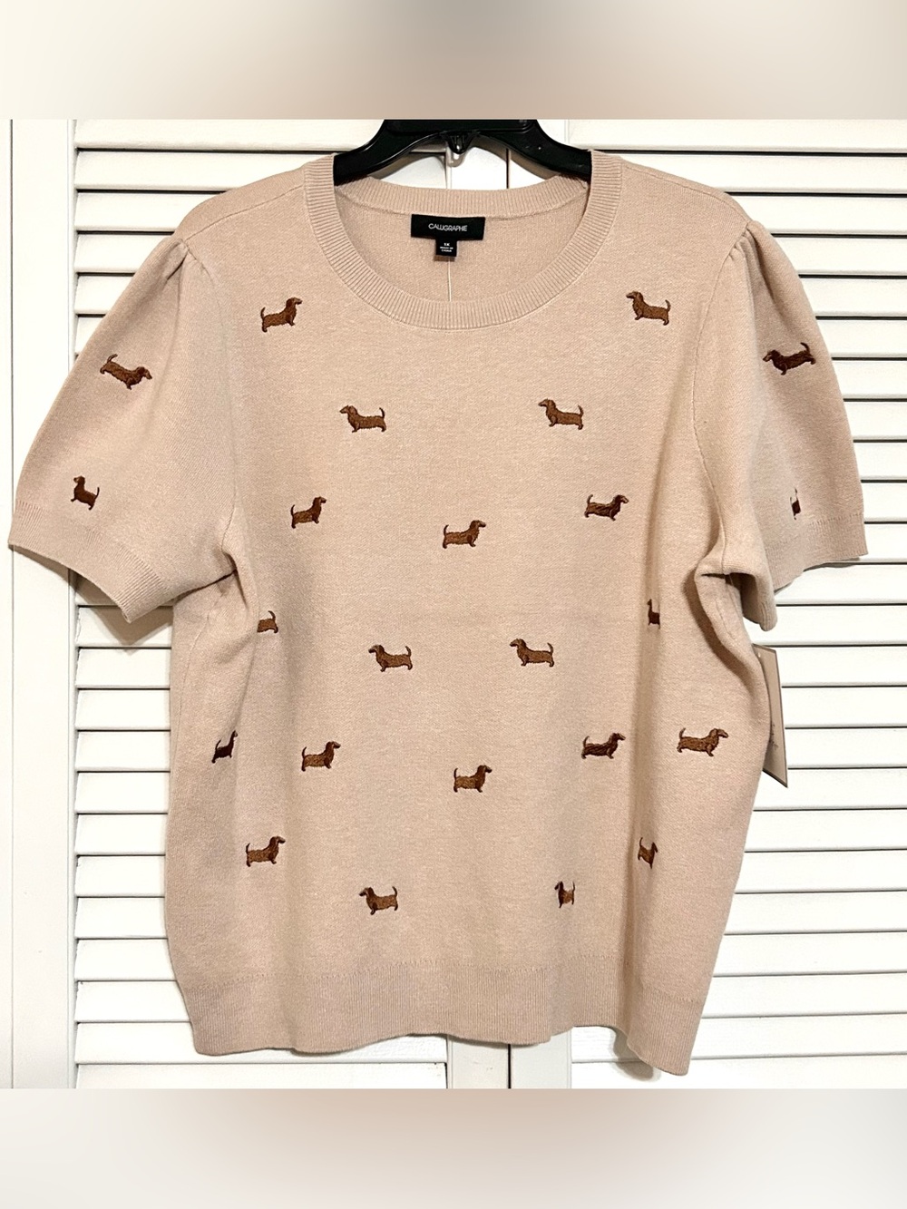 Anthropologie Beige Dog Dachshund Sweater Puff Sleeve preppy old money NWT 1X